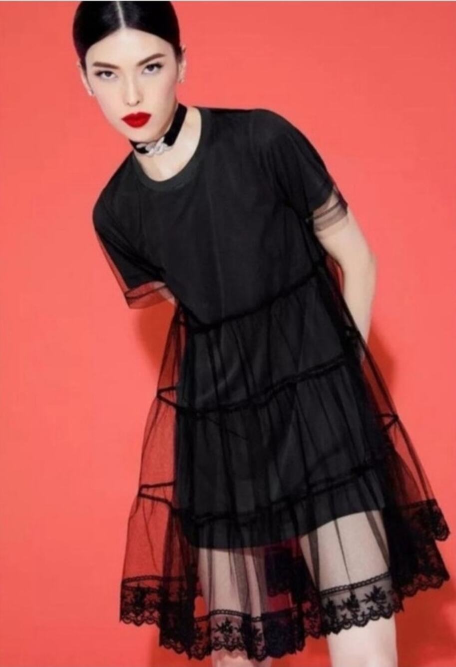NWT Alice + Olivia Dreema Tulle Shirt Mini Dress SZ L Tiered Lace Whimsigoth